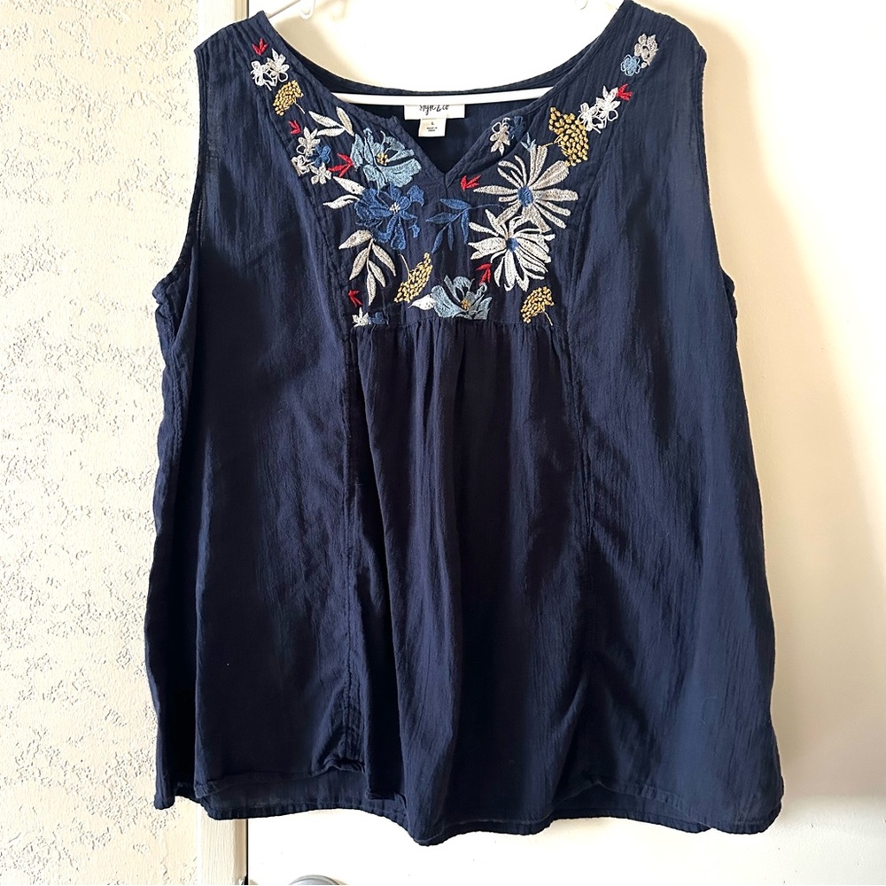 Style & Co Sleeveless Embroidered Top Blue Size Large